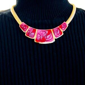 Vintage 16" Gold Omega Necklace, Magenta, Pink & Lavender Swirled Enamel Plates